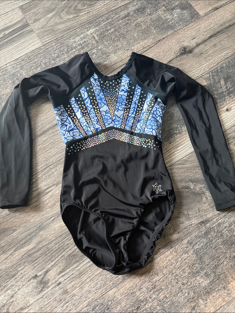 Girls Black and Blue Long Sleeve Gymnastics Leotard with Sparkle Accent Adult XS